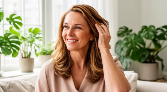 Femme passant la main dans ses cheveux brillants avec expression naturelle