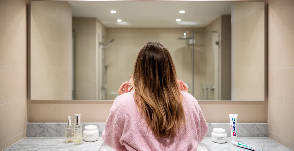 Femme devant miroir de salle de bain intégrant sa routine matinale