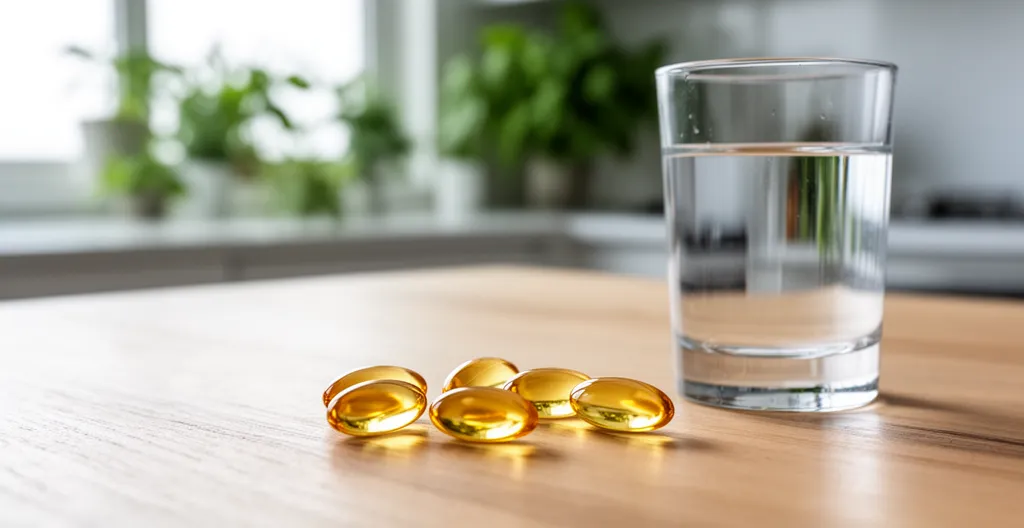Gélules de complément alimentaire disposées près d'un verre d'eau