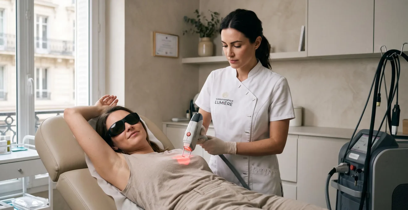Une praticienne réalise une séance d'épilation laser sur la chambre noire d'une cliente.