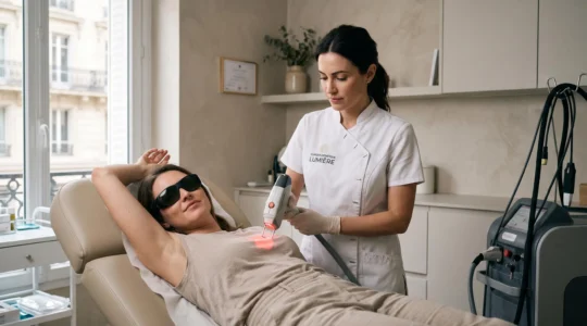 Une praticienne réalise une séance d'épilation laser sur la chambre noire d'une cliente.